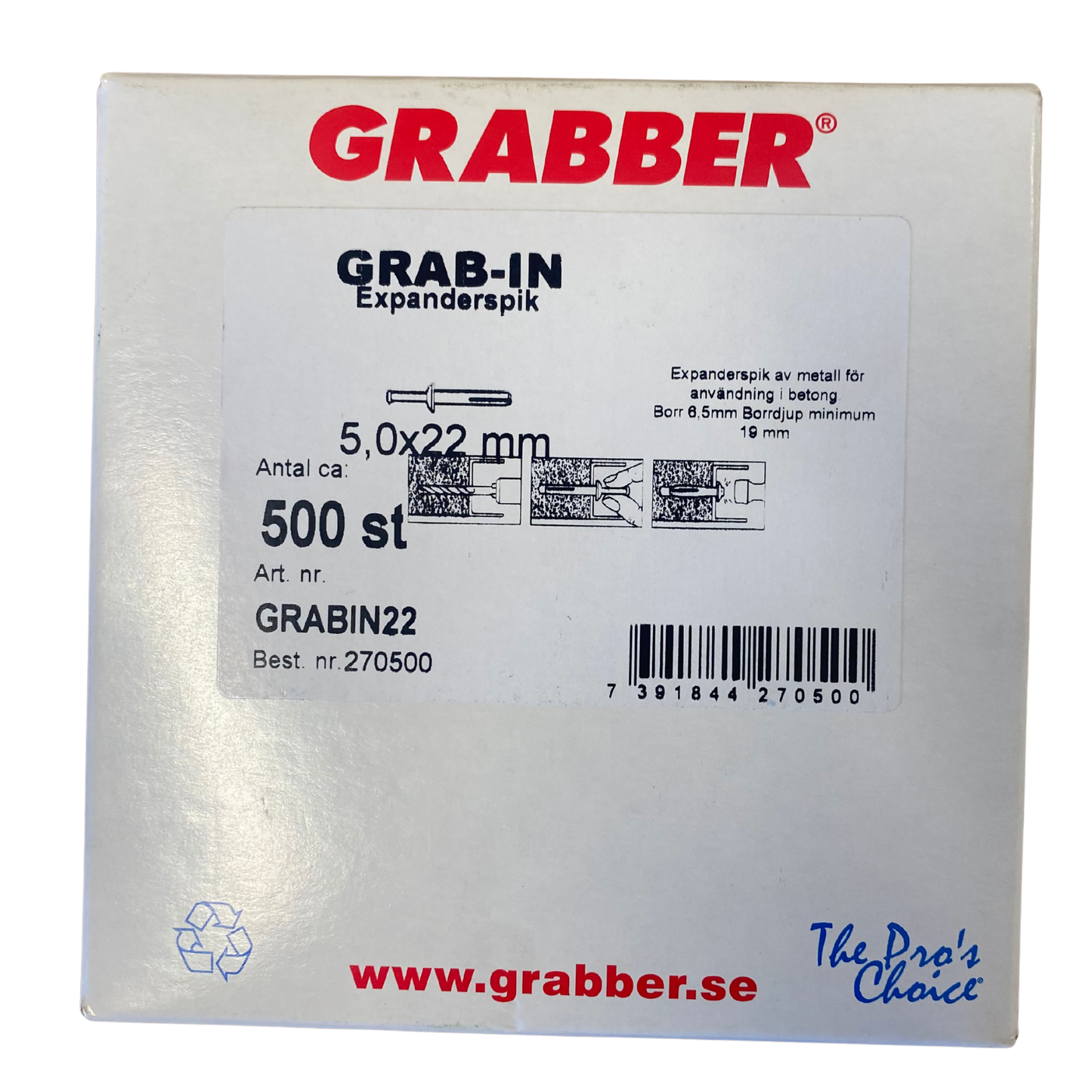 Grabber Grab-In expanderspik 5,0x22mm förpackning med 500 st, framsida med produktinformation