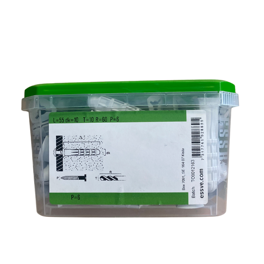 ESSVE Lättbetongplugg 10x55 mm förpackning baksida med tekniska mått L dk T R P