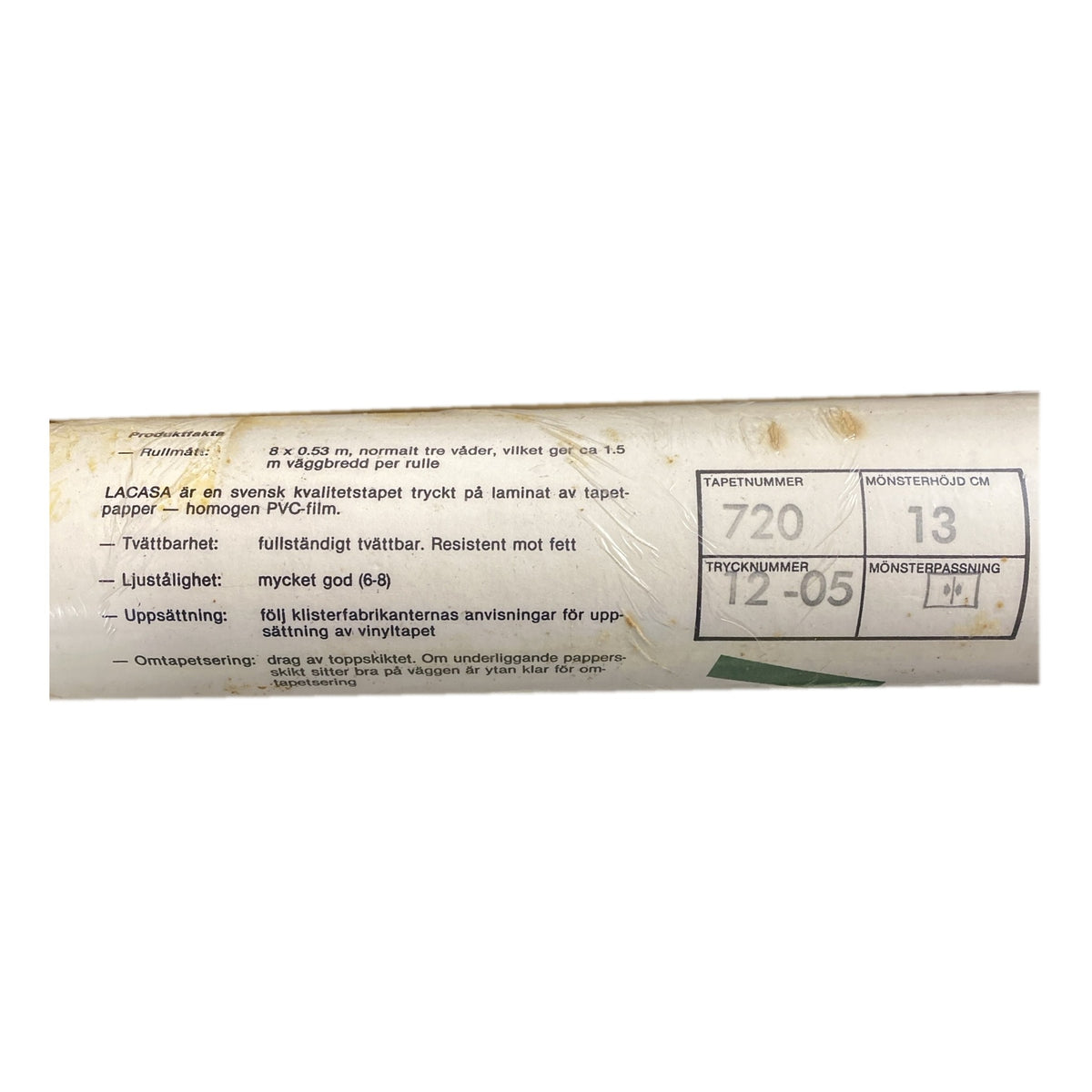 Tapetrulle Lacasa 720 med produktfakta-etikett