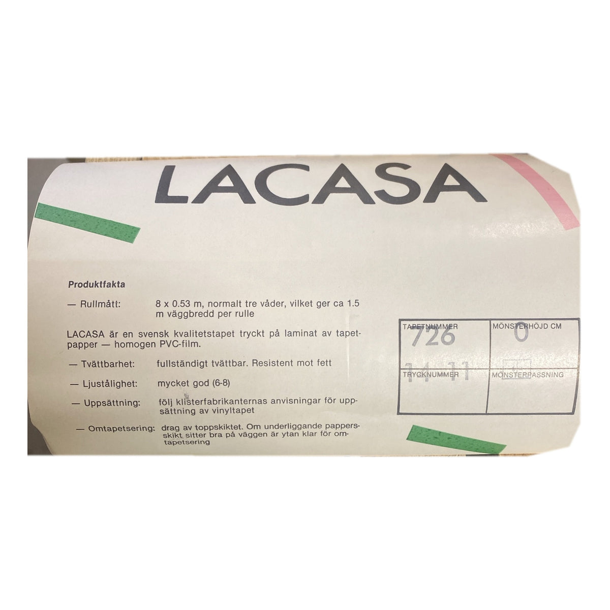 Tapetrulle Lacasa 726 med produktfakta, rullmått 8 x 0,53 m och trycknummer