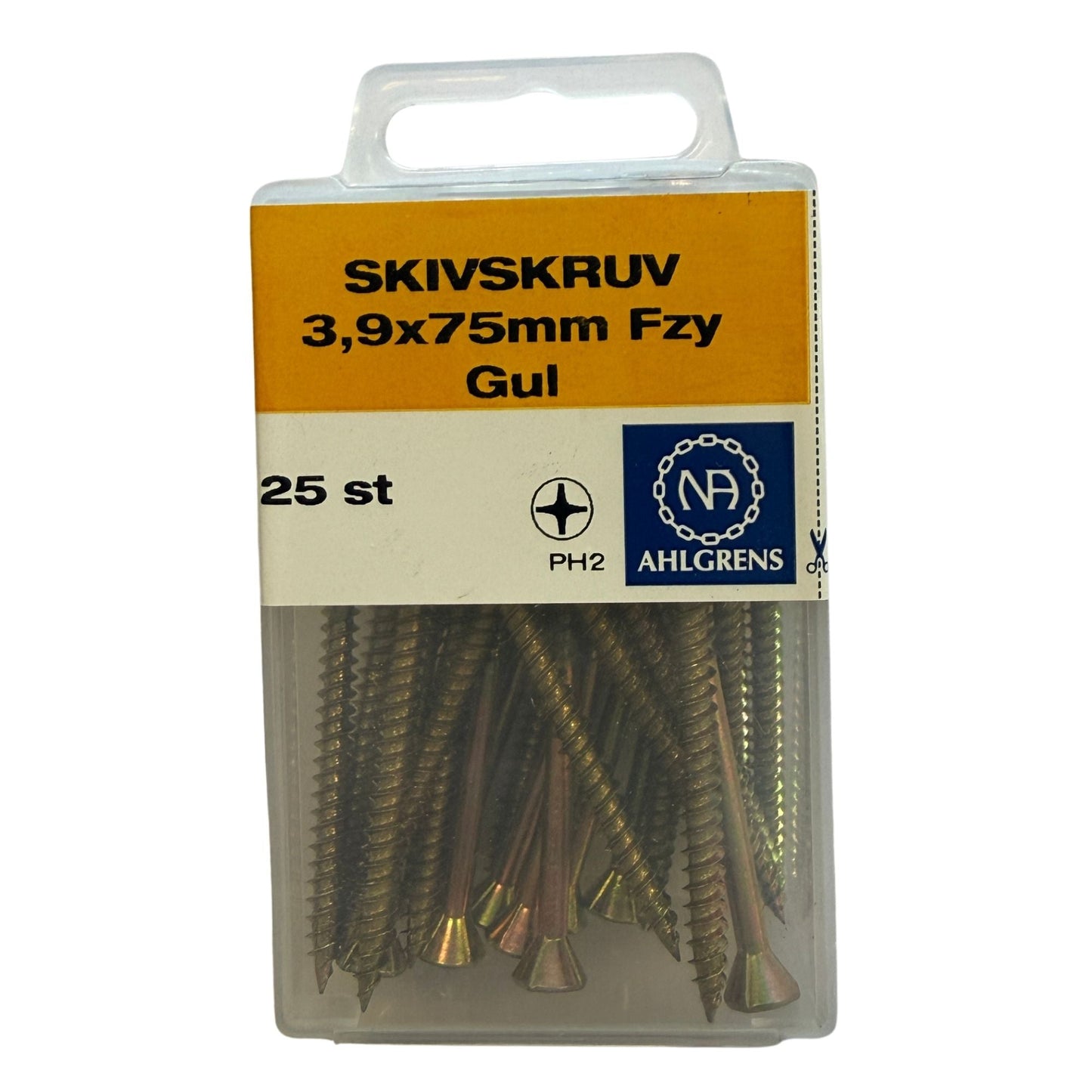 Förpackning med gula skivskruvar 3,9x75mm från Ahlgrens, 25 st