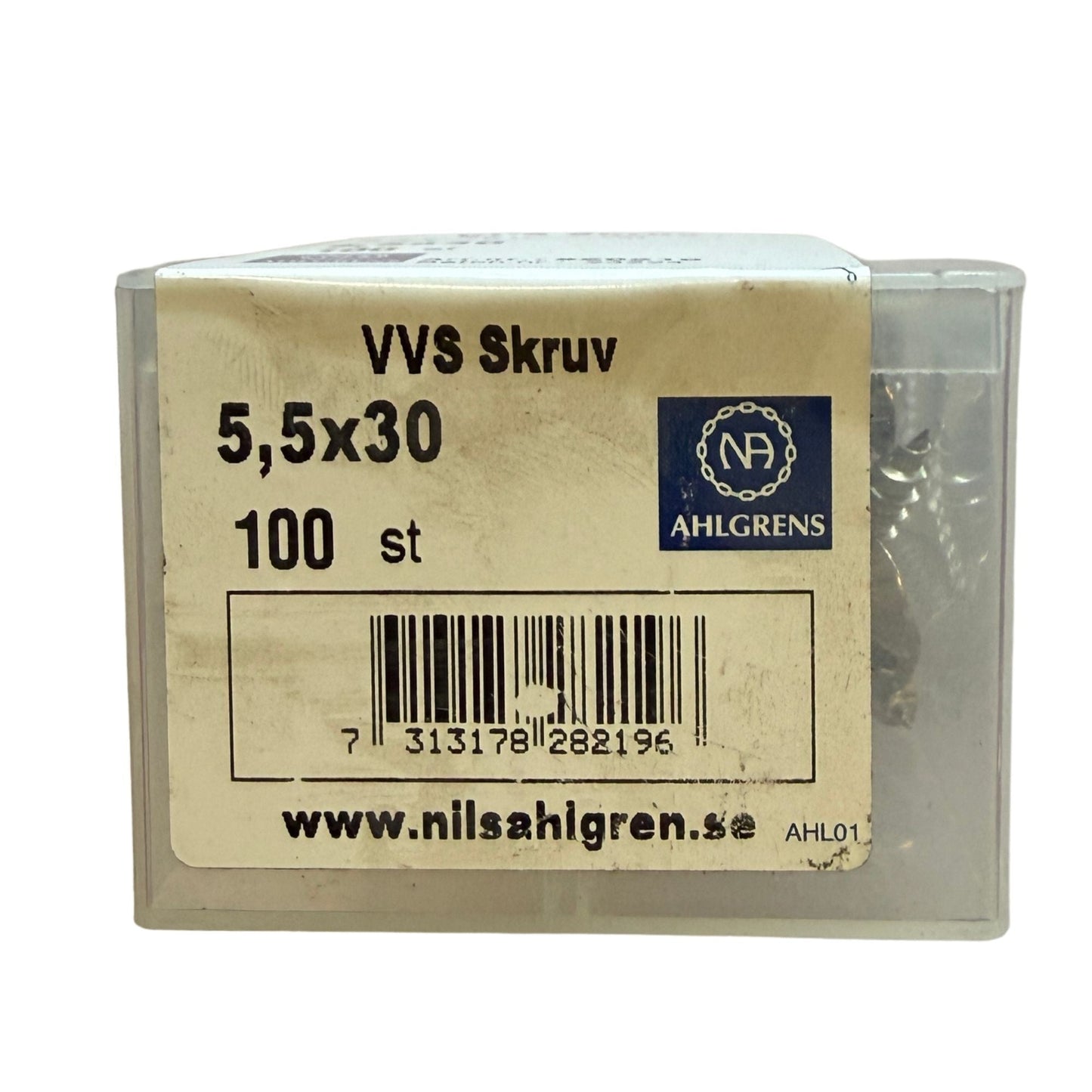 Baksida av förpackning med streckkod för VVS Skruv A2 TKFX 5,5x30mm