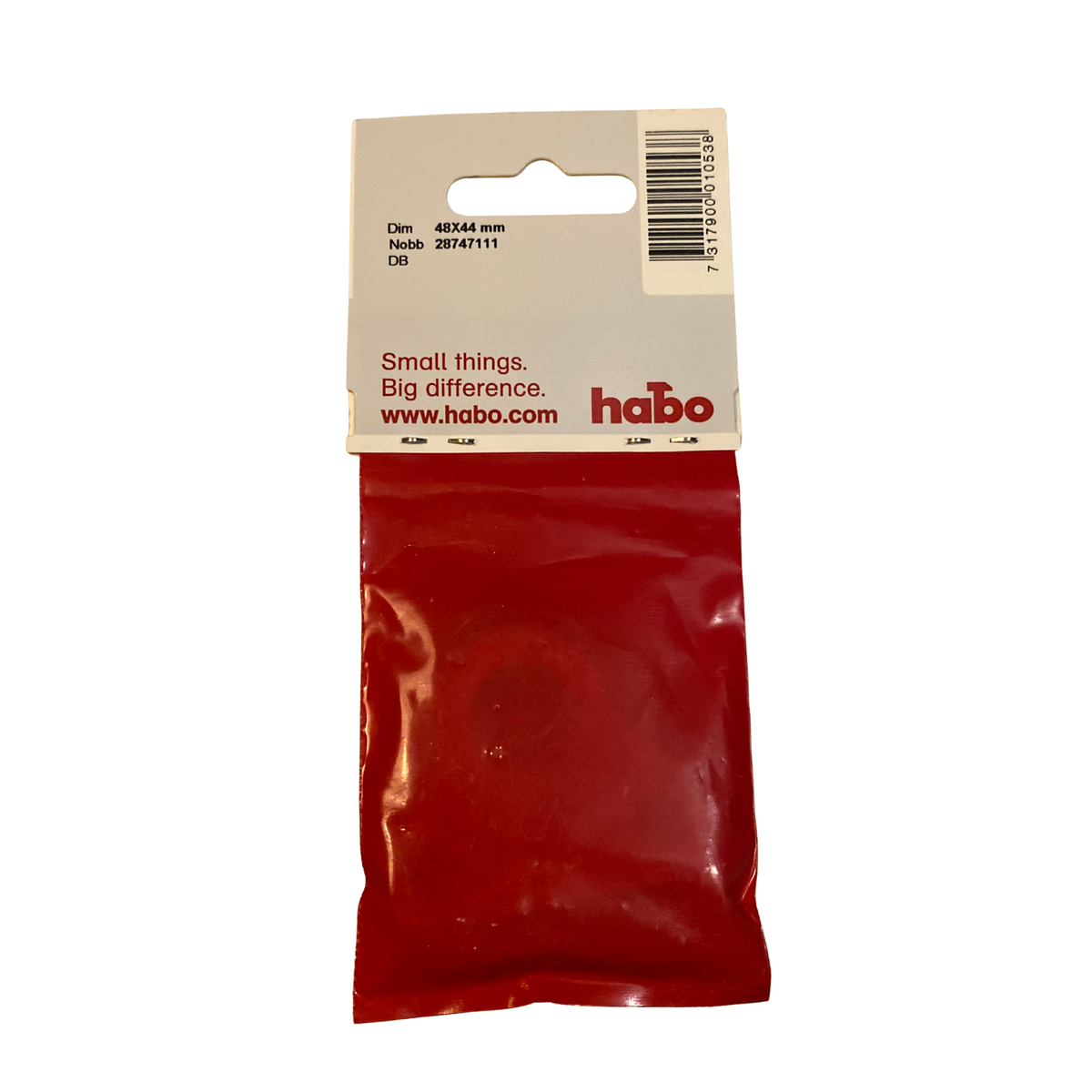 Hänglåsbleck 48x44 mm baksida av förpackning med dimension, NOBB-nummer och streckkod