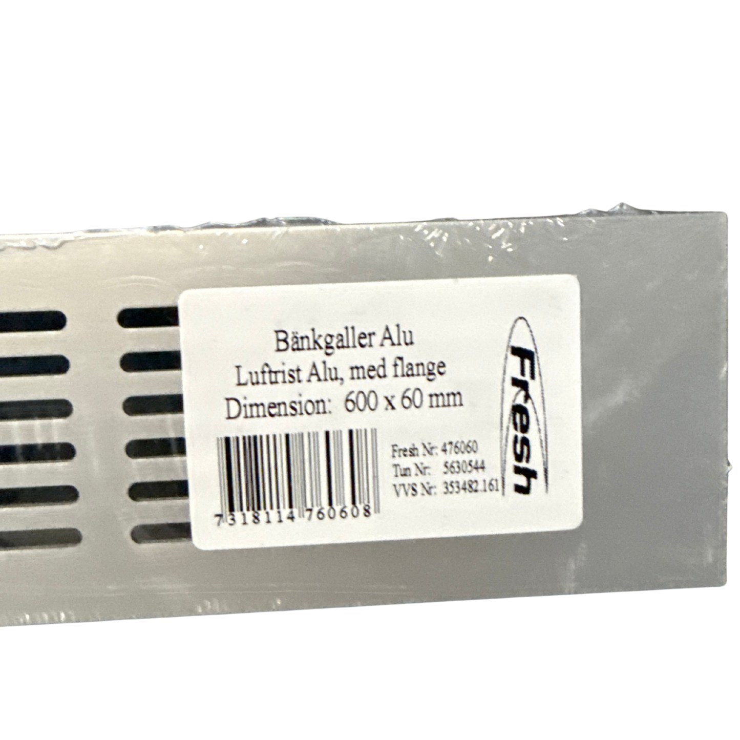 Bänkgaller aluminium 600x60 mm närbild med produktetikett