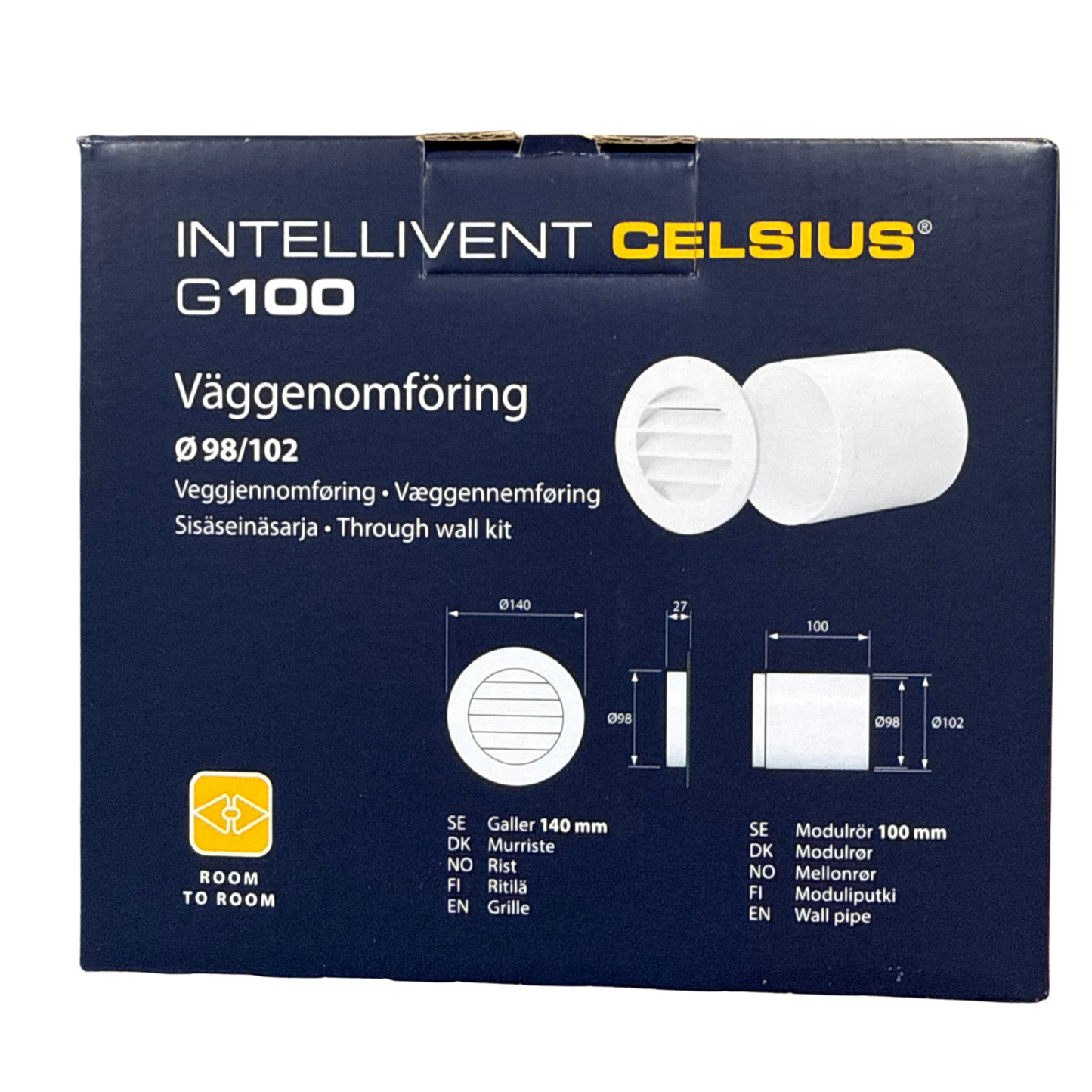 Väggenomföring G100 Fresh Intellivent Celsius med måttritning och innehåll