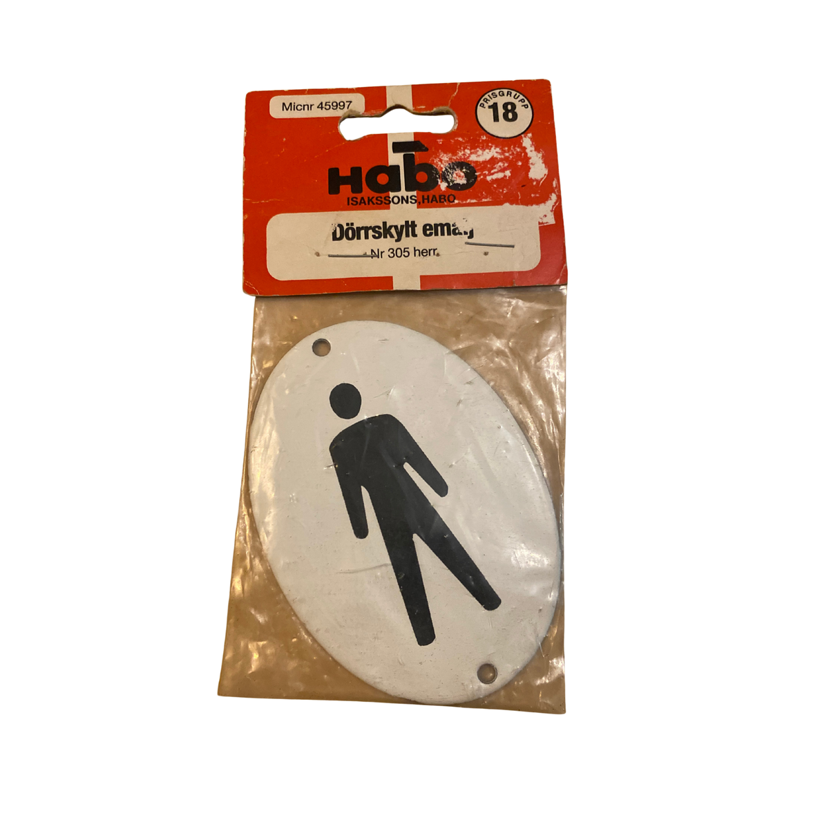 Dörrskylt herr i emalj, oval och vit med svart herrsymbol, i originalförpackning