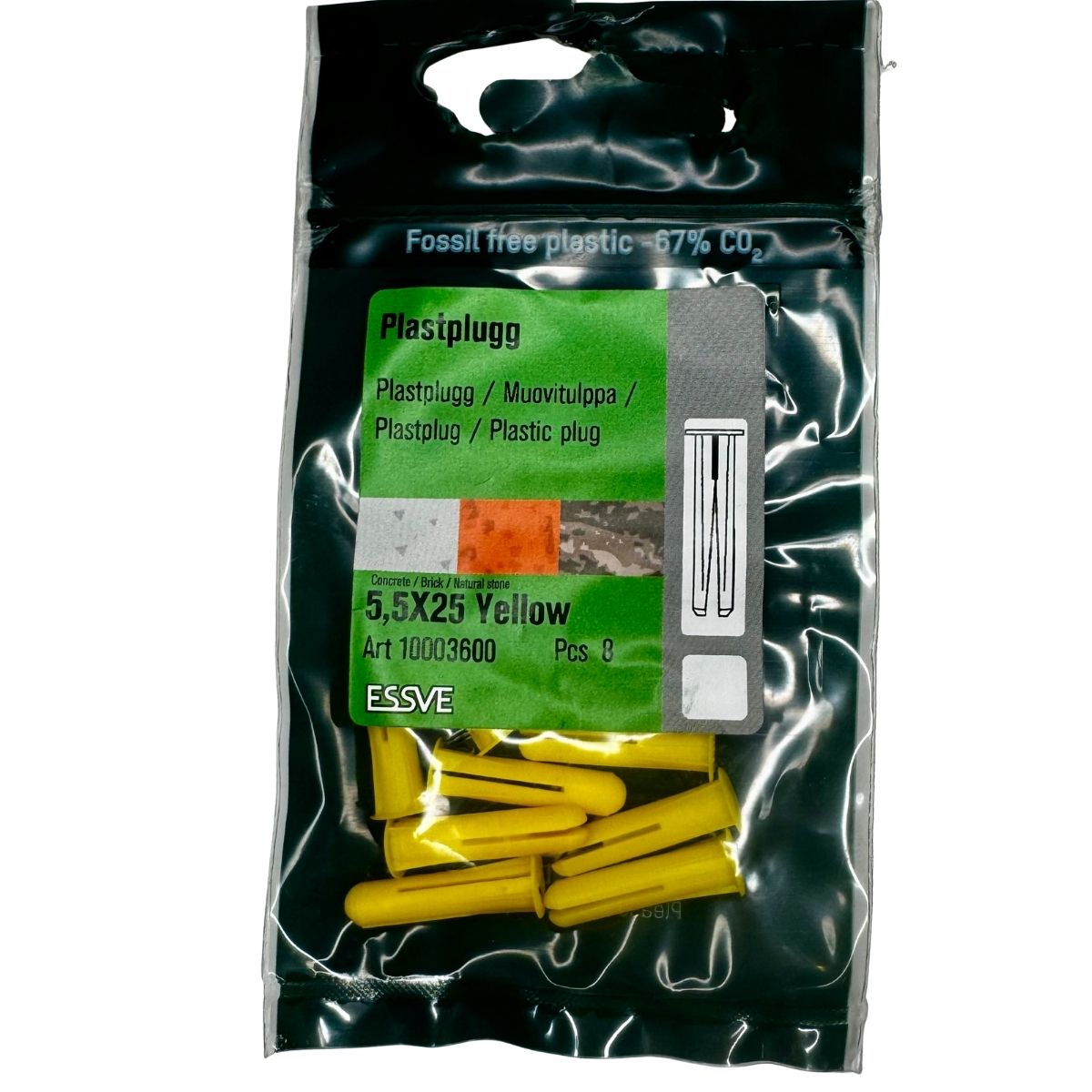Plastplugg ESSVE 5,5x25 mm gul i plastförpackning
