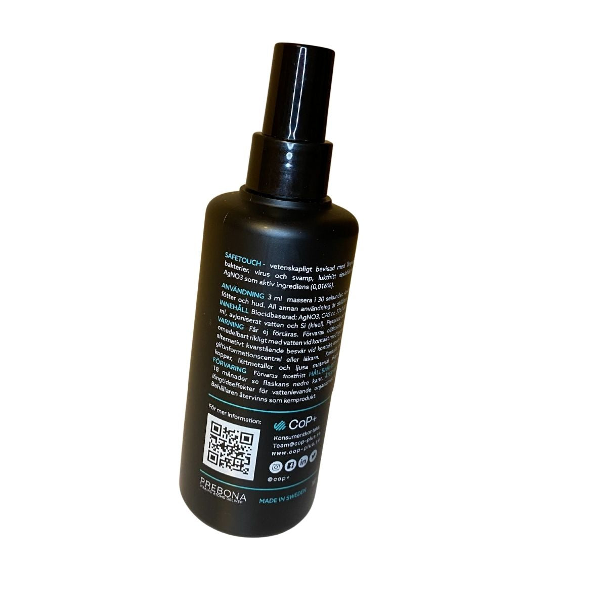 SafeTouch handdesinfektion 200 ml med produktinformation

