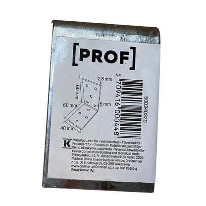 Vinkelbeslag Prof 60x60x2,5x40 mm med produktetikett och måttangivelser
