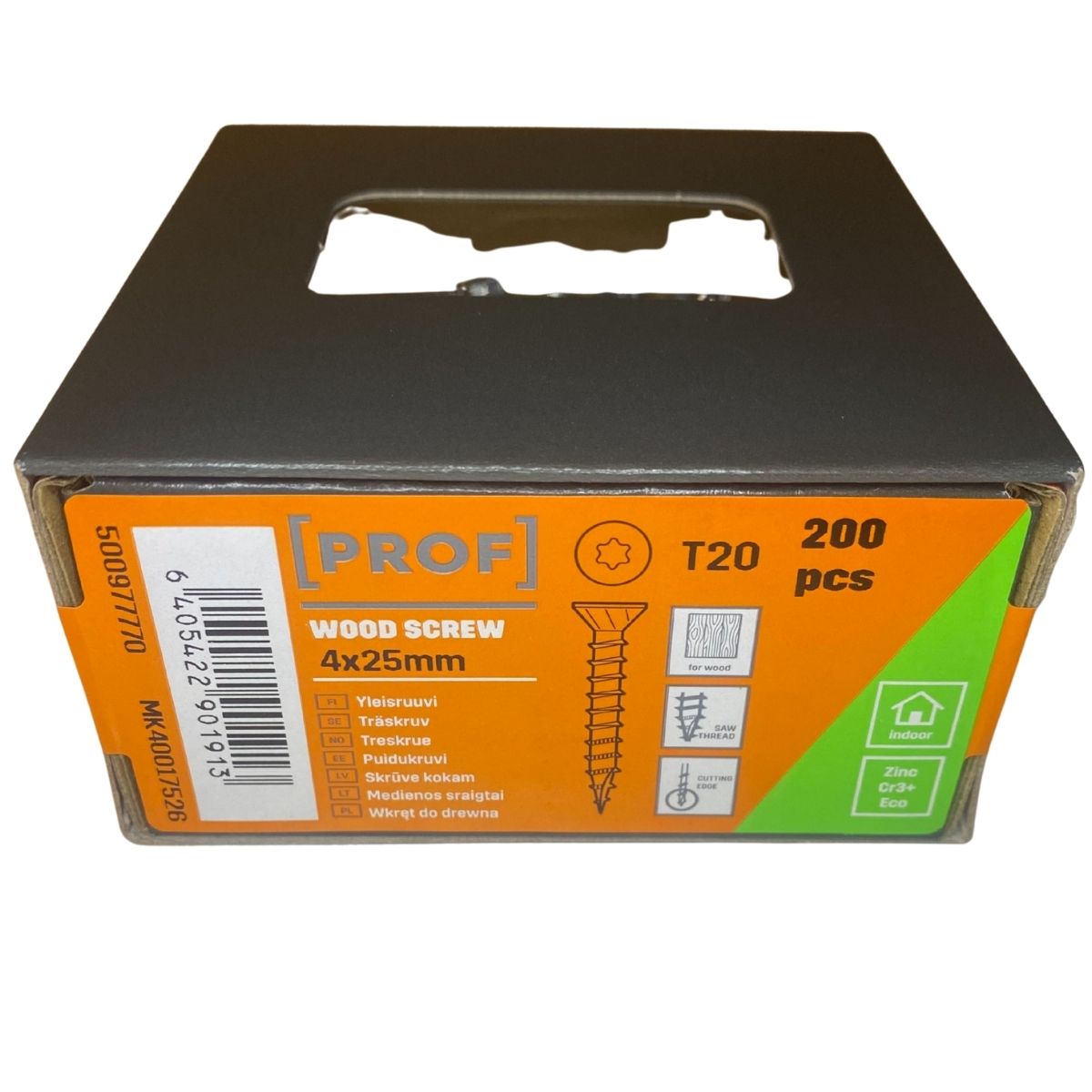 Träskruv PROF 4x25 mm T20, 200-pack i kartong med produktinformation