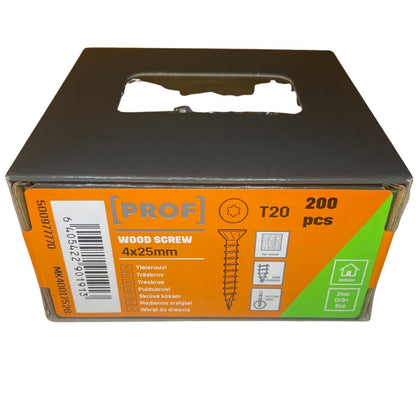 Träskruv PROF 4x25 mm T20, 200-pack i kartong med produktinformation