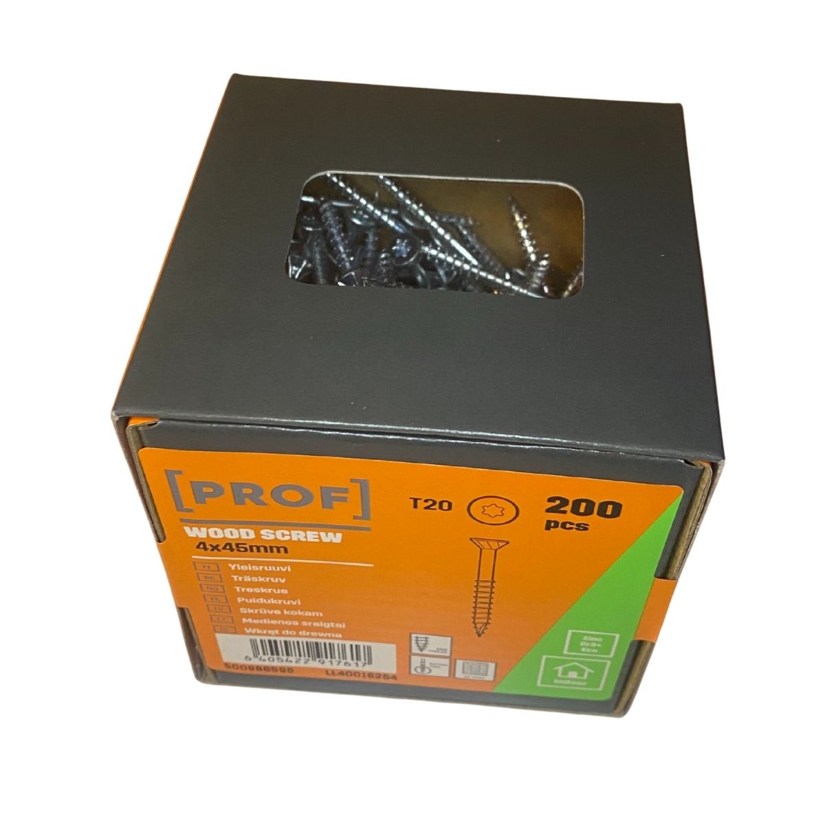 Träskruv 4x45 mm Prof FZB T20 sedd genom förpackning
