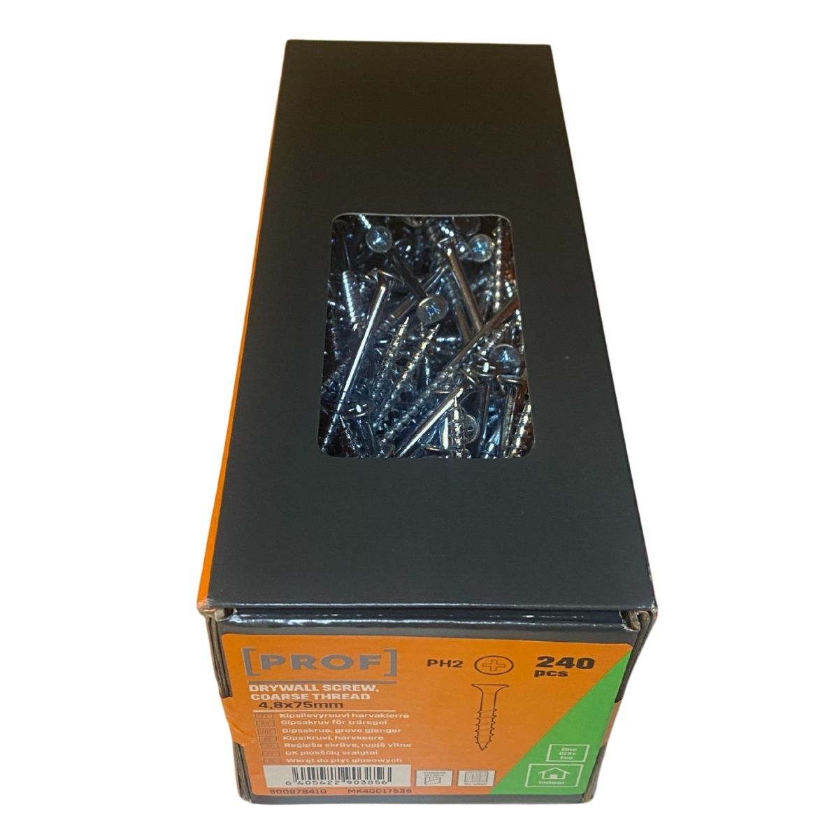 gipsskruv 4,8x75 mm grov gänga synlig genom förpackning