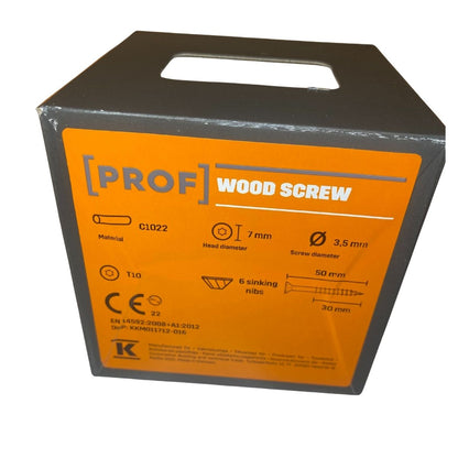 Träskruv 3,5x50 mm Prof FZB T10 inomhus 200-pack förpackning bakifrån