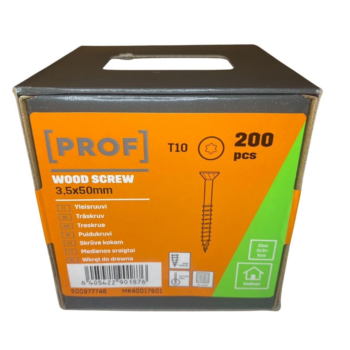 Träskruv 3,5x50 mm Prof FZB T10 inomhus 200-pack förpackning framifrån
