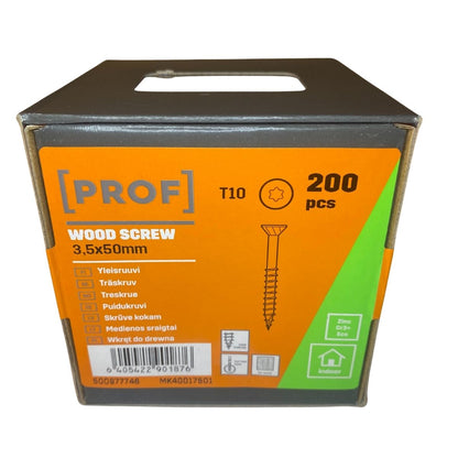 Träskruv 3,5x50 mm Prof FZB T10 inomhus 200-pack förpackning framifrån
