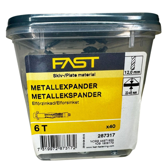 Metallexpander 6T FAST 40-pack i plastförpackning för infästning i skivmaterial
