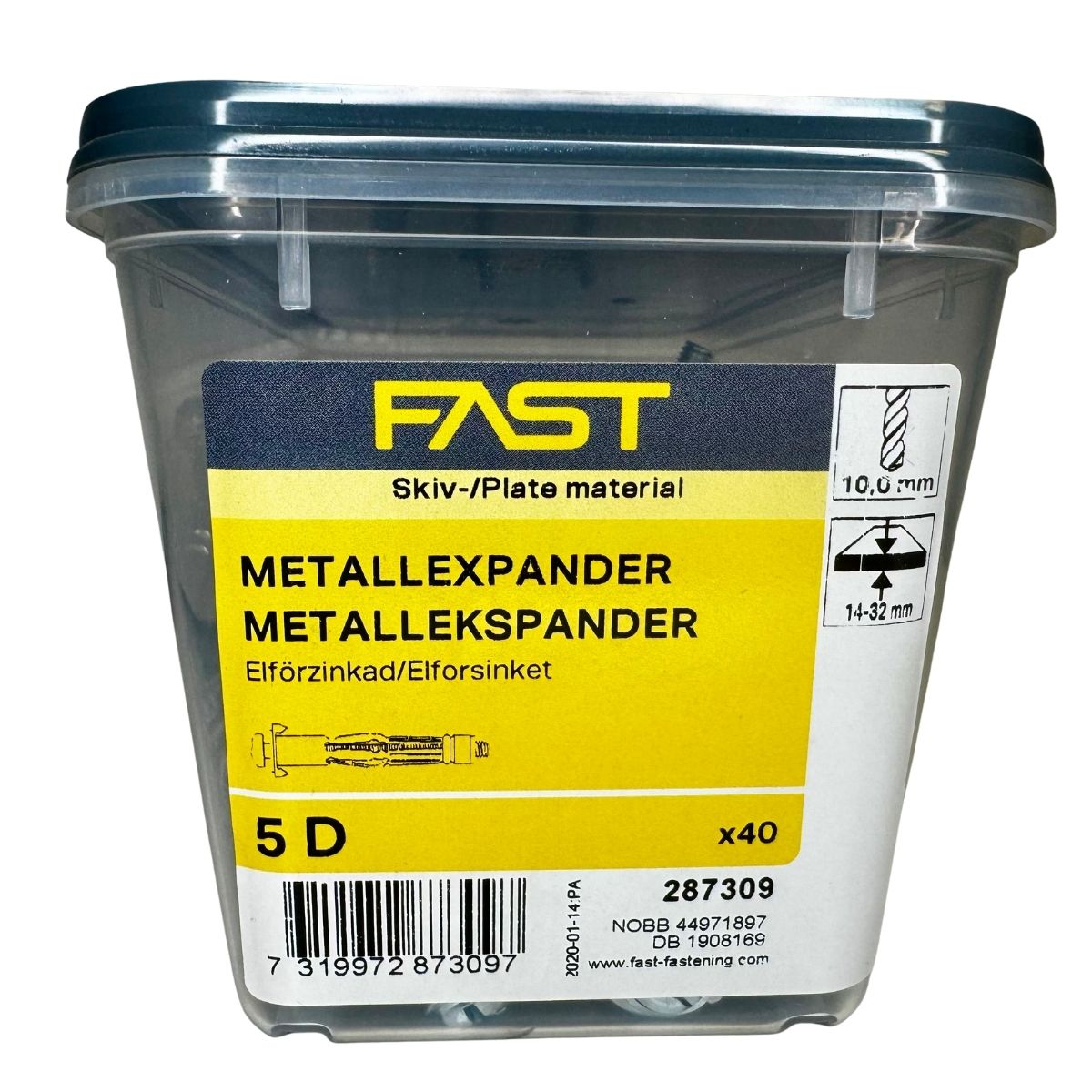 Metallexpander 5D FAST 40-pack i plastförpackning för infästning i skivmaterial
