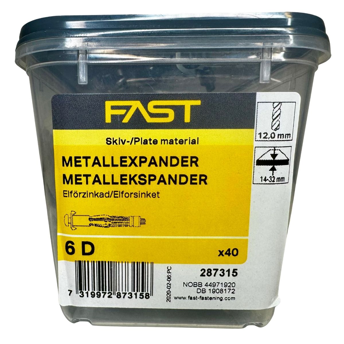 Metallexpander 6D FAST 40-pack i plastförpackning för infästning i skivmaterial
