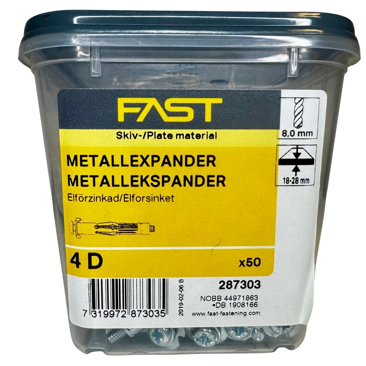 Metallexpander 4D FAST 50-pack i plastförpackning för infästning i skivmaterial