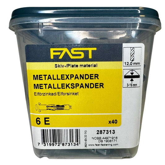Metallexpander 6E FAST 40-pack i plastförpackning för infästning i skivmaterial
