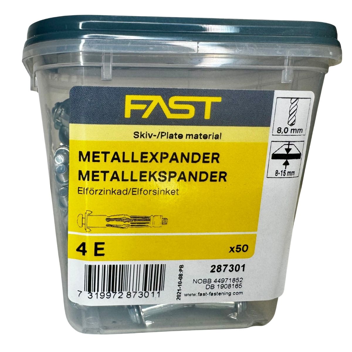 Metallexpander 4E FAST 50-pack i plastförpackning för infästning i skivmaterial
