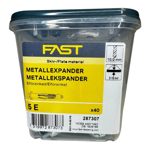 Metallexpander 5E FAST 40-pack i plastförpackning för infästning i skivmaterial
