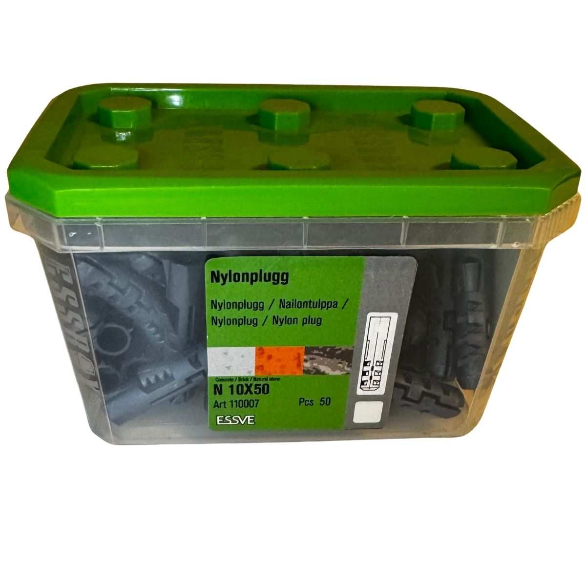 ESSVE nylonplugg 10x50 mm 50-pack närbild på förpackning