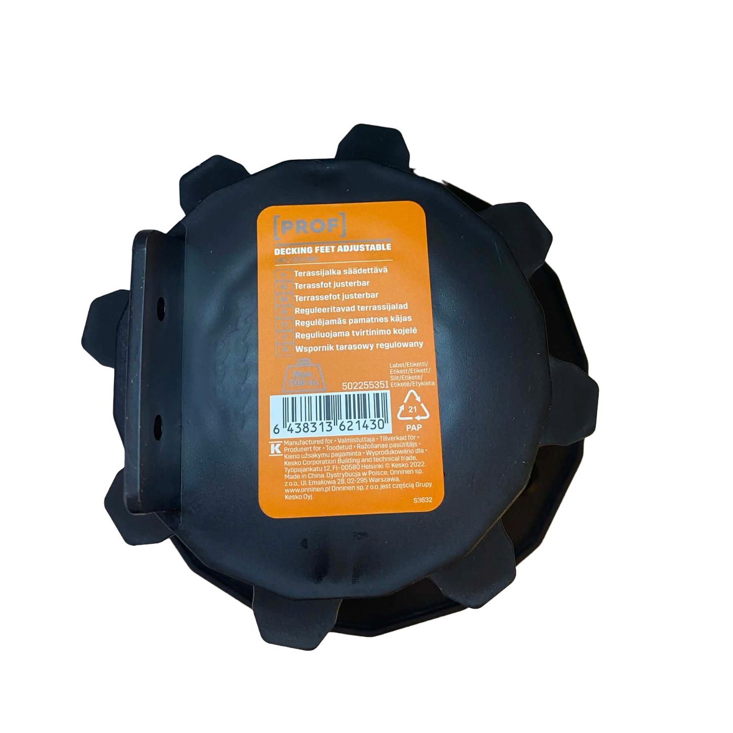 Justerbar terrassfot PROFI toppvy med etikett och fästyta