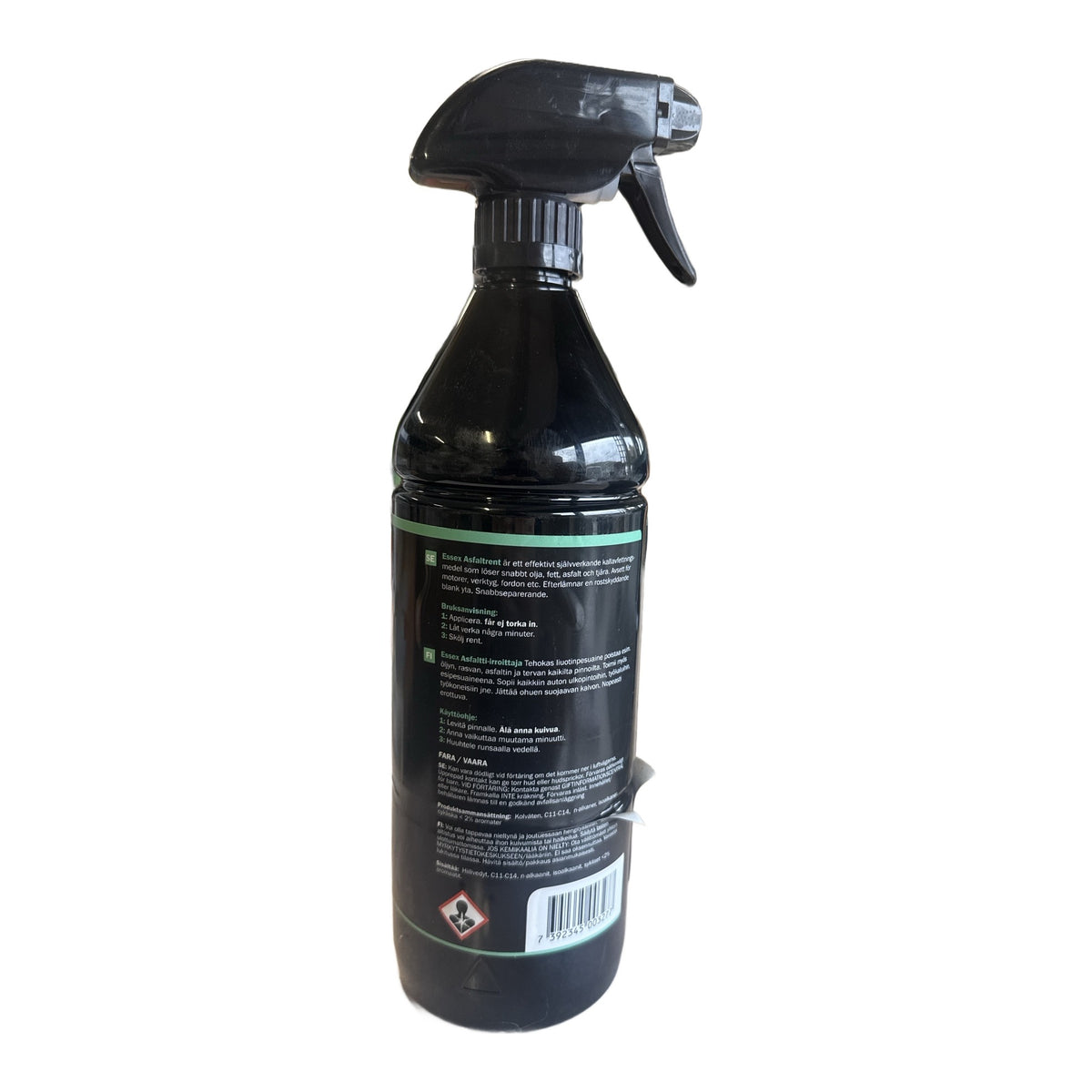 Avfettningsmedel sprayflaska 1000 ml, baksida med bruksanvisning, varningstext och faropiktogram