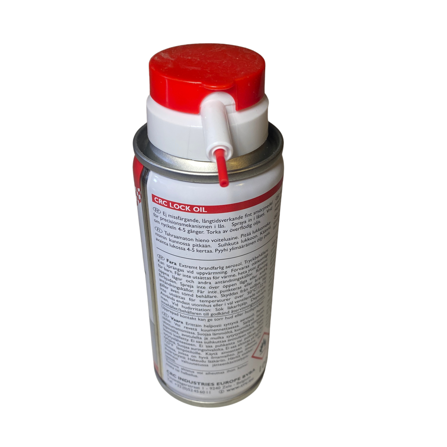 Baksida av CRC Lock Oil spray för smörjning av lås och cylindrar
