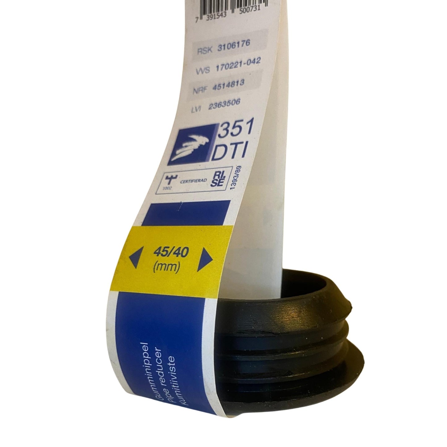 Purus gumminippel 45/40 mm i svart EPDM med etikett 351 DTI