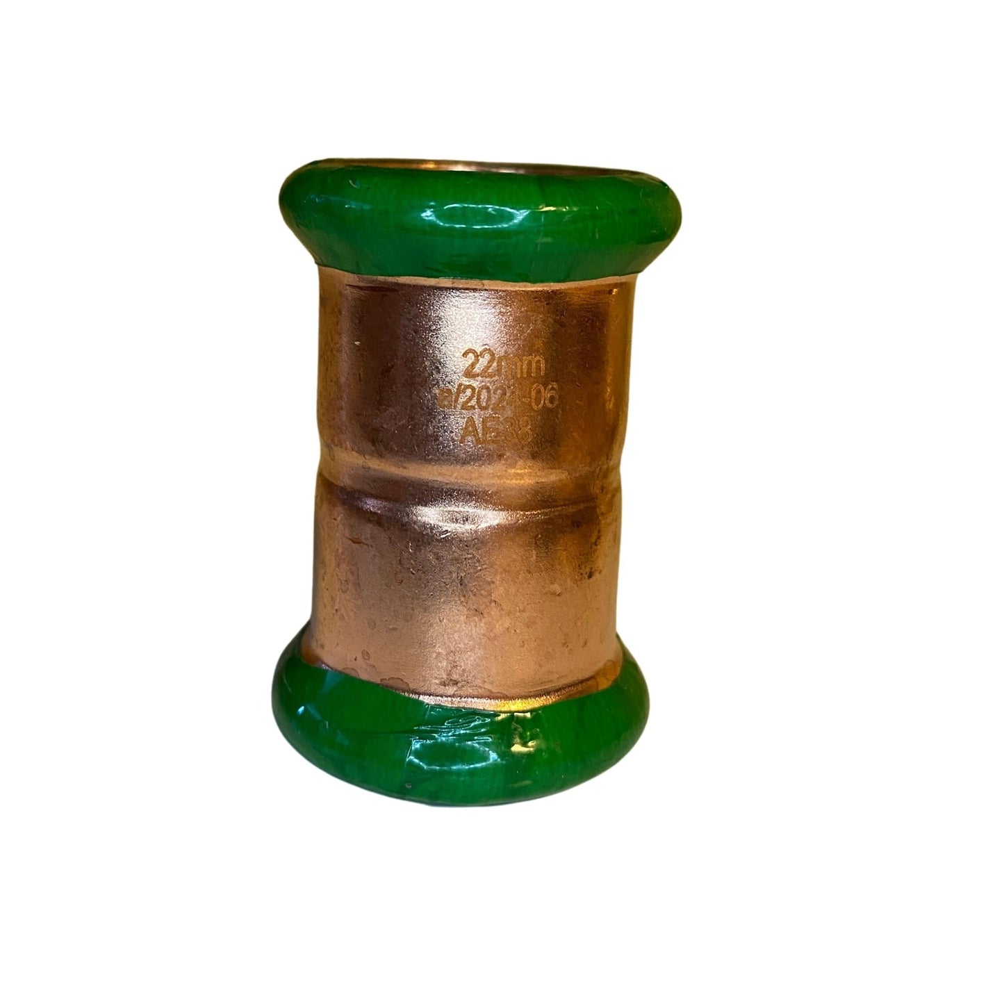 Presskoppling rak koppar 22 mm med gröna skyddslock
