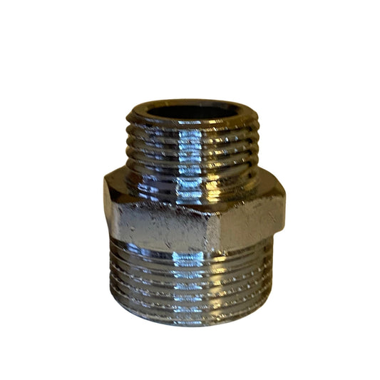 Kromad reduceringsnippel 25 x 18 mm med utvändig och invändig gänga