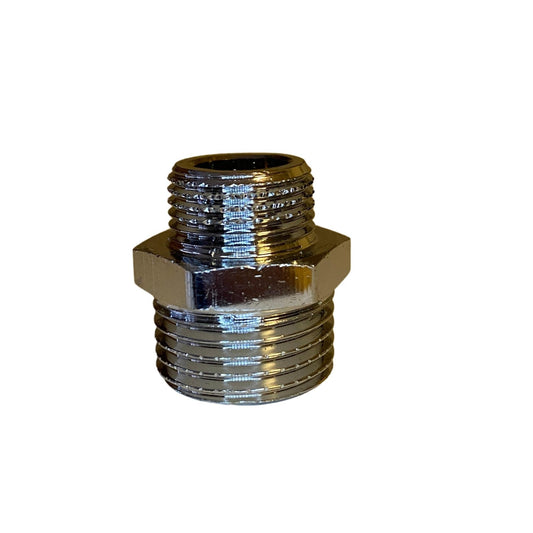 Kromad reduceringsnippel 18 x 15 mm med utvändig och invändig gänga