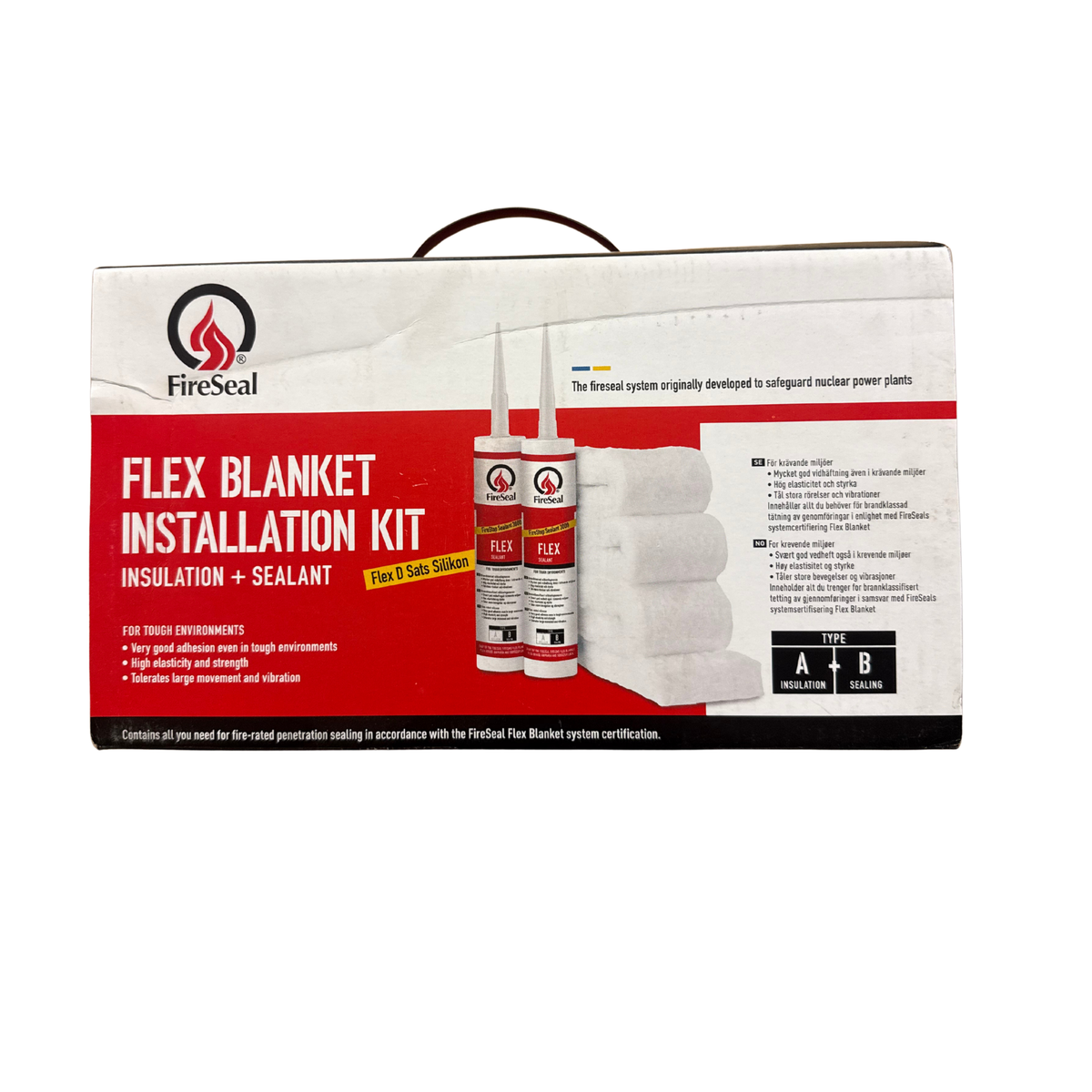 FireSeal Flex Blanket Installation Kit förpackning med silikonpatroner och isoleringsmatta