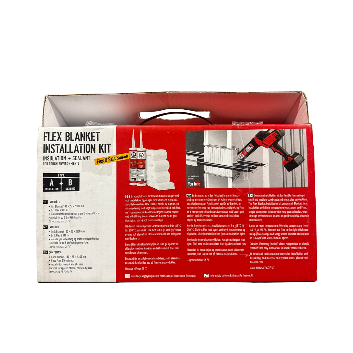 Baksida av FireSeal Flex Blanket Installation Kit med innehållsförteckning och installationsbeskrivning
