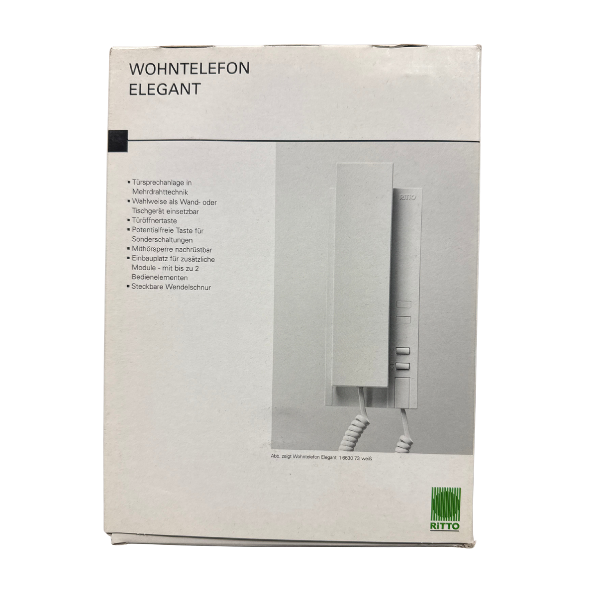 Ritto Wohntelefon Elegant förpackning med produktbild och funktionslista