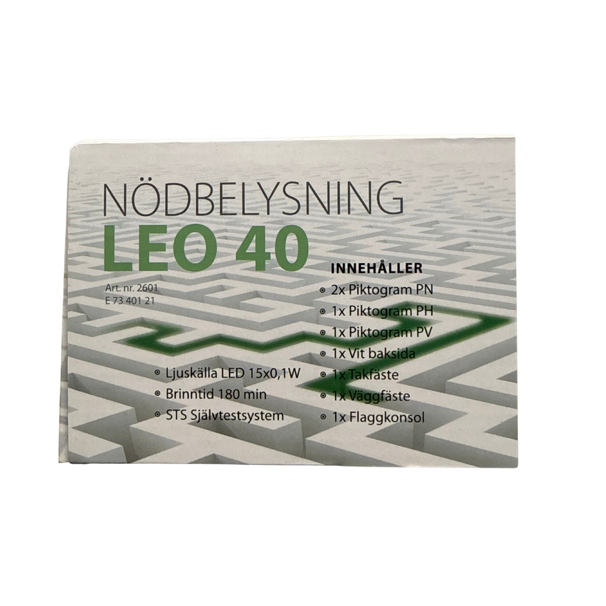 Nödbelysningsarmatur LEO 40 förpackning baksida med produktinformation