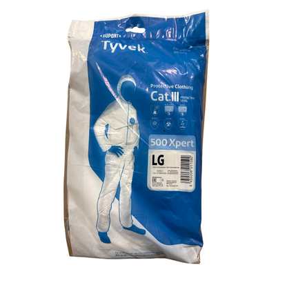 DuPont Tyvek 500 Xpert skyddsoverall förpackning storlek L med skyddsklassmärkning Kat. III