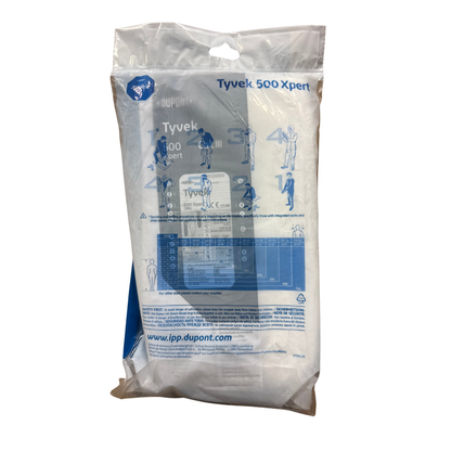 Baksida av Tyvek 500 Xpert-förpackningen med storlekstabell och på-/avtagningsinstruktioner