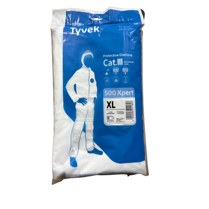 DuPont Tyvek 500 Xpert skyddsoverall förpackning storlek XL med skyddsklassmärkning Kat. III