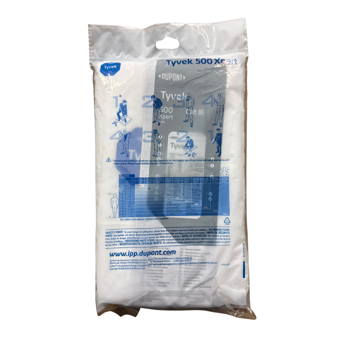 Baksida av Tyvek 500 Xpert-förpackningen med storlekstabell och på-/avtagningsinstruktioner