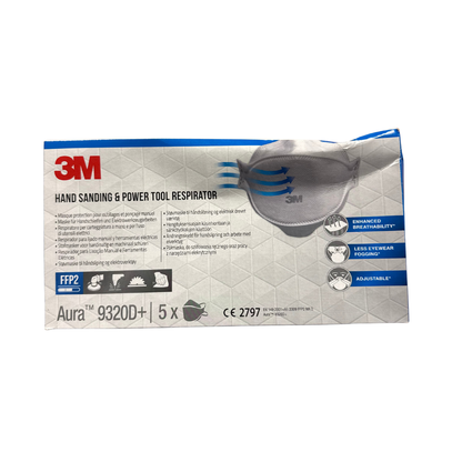 3M Aura 9320D+ FFP2 andningsskydd förpackning med produktfunktioner