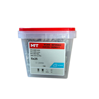 MFT nylonplugg 5x25 mm förpackning med 100 stycken i plasthink