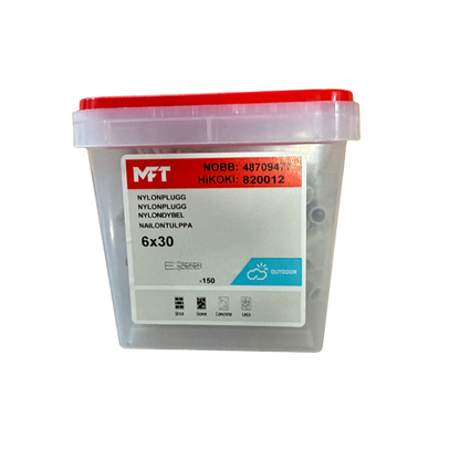 MFT nylonplugg 6x30 mm förpackning med 150 stycken i plasthink