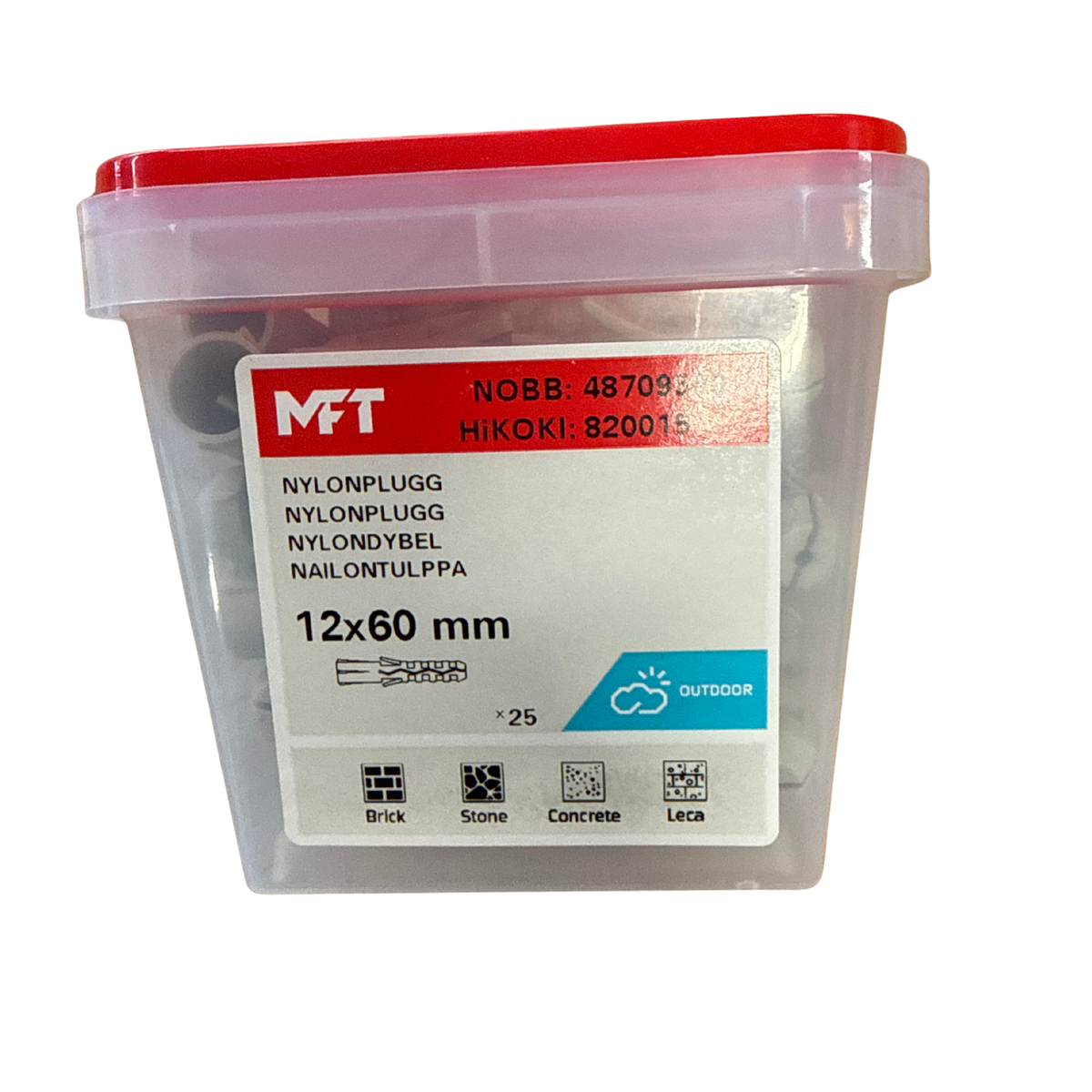 MFT nylonplugg 12x60 mm förpackning med 25 stycken i plasthink
