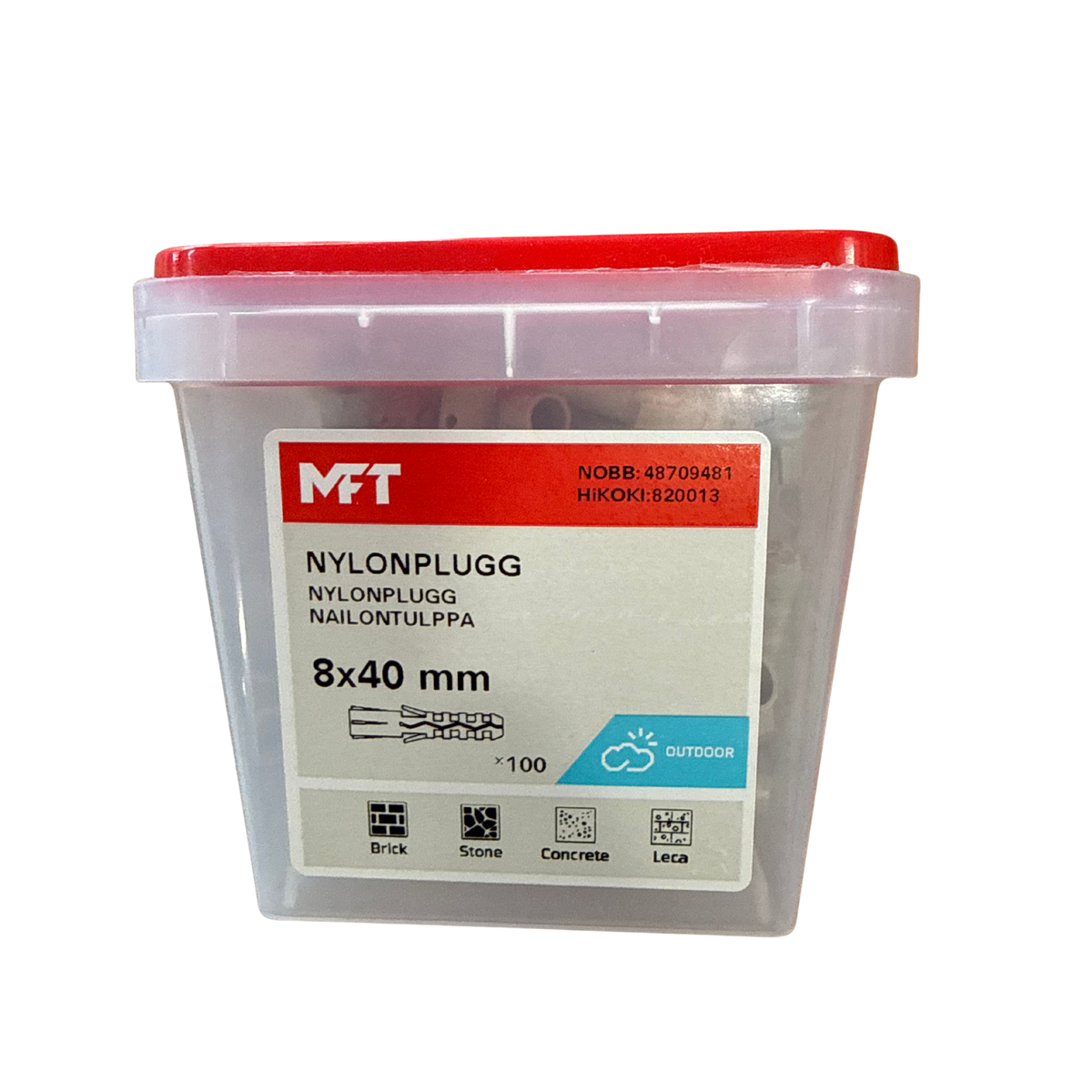 MFT nylonplugg 8x40 mm förpackning med 100 stycken i plasthink