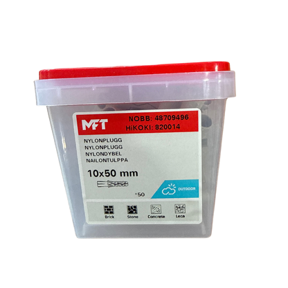MFT nylonplugg 10x50 mm förpackning med 50 stycken i plasthink
