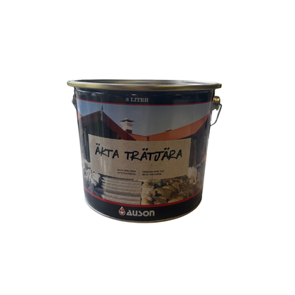 Auson Äkta Trätjära 3 liter bleckburk med etikett och husfasadbild